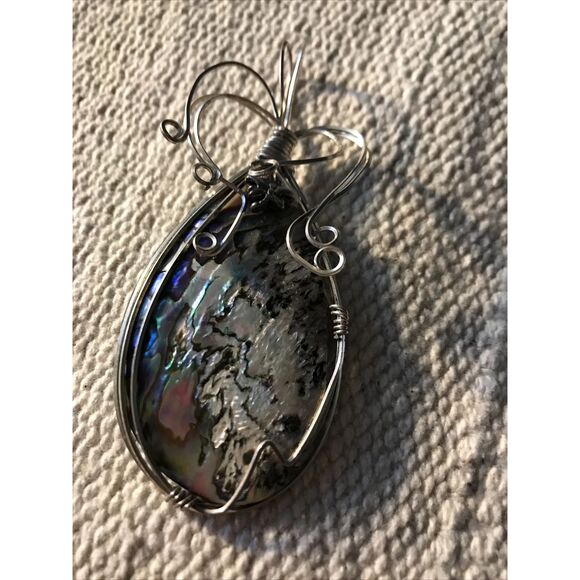 Artisan Abalone Shell Sterling Wire Wrapped Pendent 3” Minimalist - Picture 9 of 9